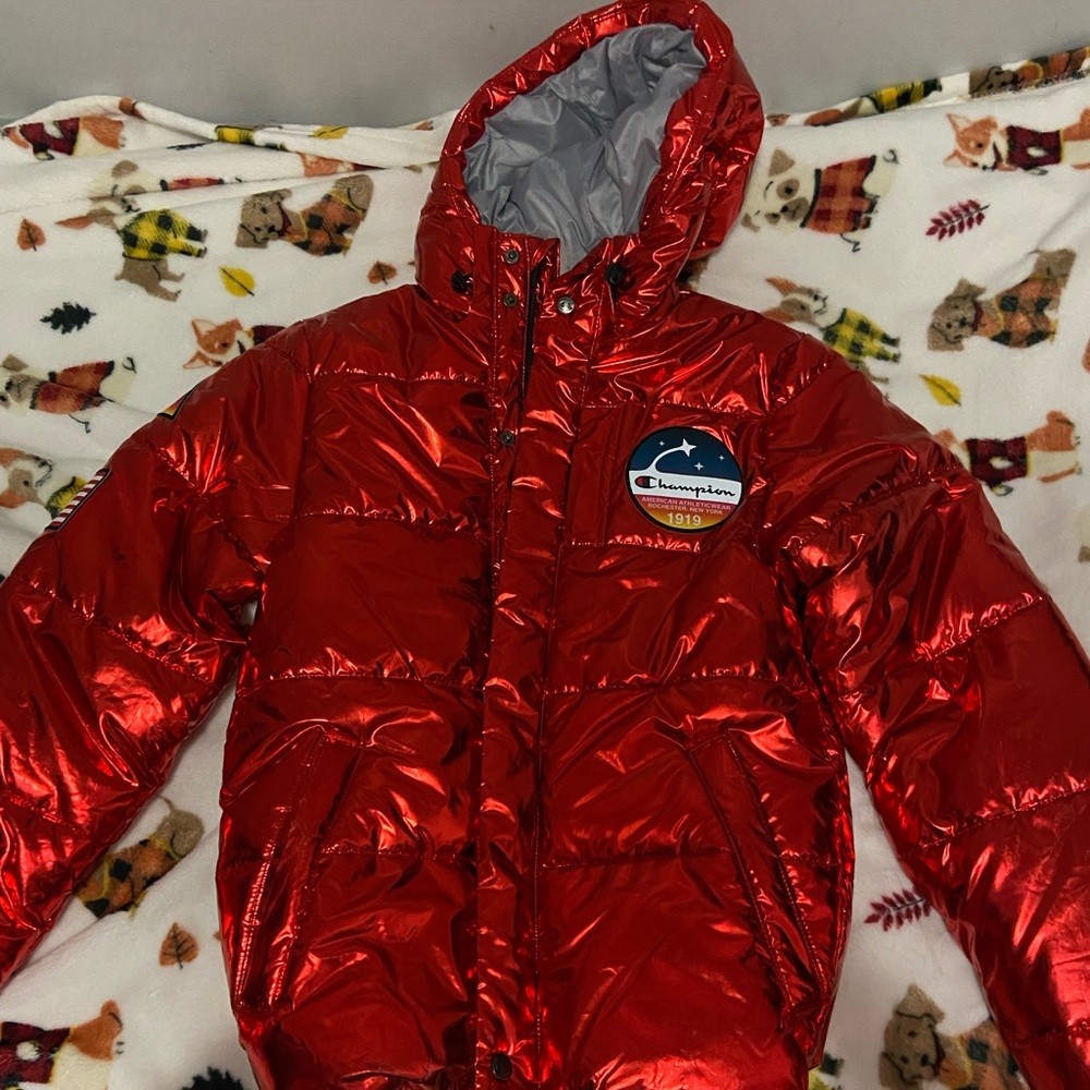Red metallic champion puffer coat